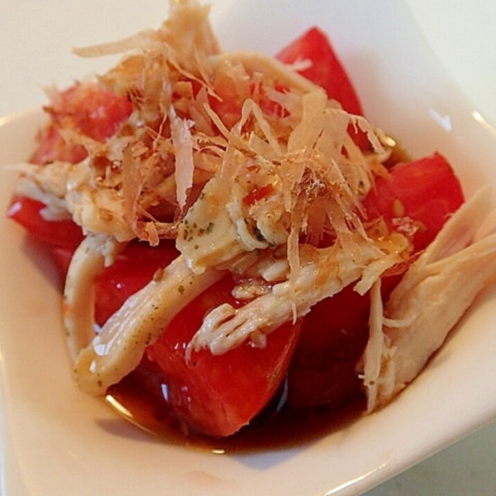 胡麻ドレ＆りんご酢で　トマトとサラダチキンのサラダ